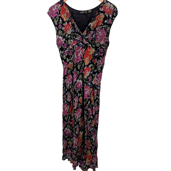 Vtg 90s Black Floral Wrap Style Dress Sz L Lola P Grunge Cap Sleeve Surplice - Picture 1 of 6